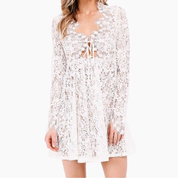 For Love and Lemons Charlie Mini Dress - White Long Sleeve Lace - Picture 2 of 9